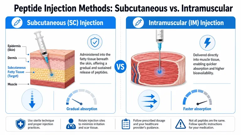 A comparative infographic showing subcutaneous and intramuscular injection techniques for peptide administration into body tissues.