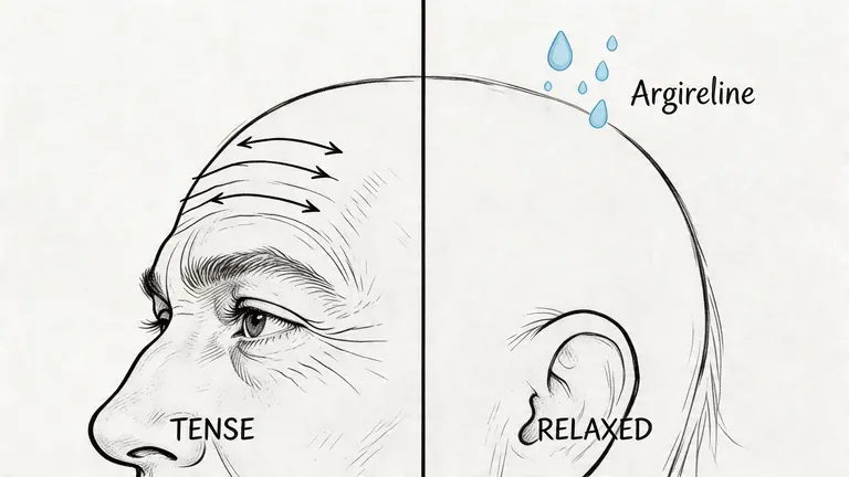 An illustration comparing a tense forehead with wrinkles versus a relaxed skin state using Argireline peptide treatment.