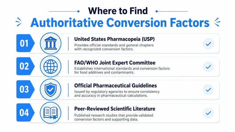 A diagram listing four authoritative sources for reliable conversion factors in pharmaceuticals and scientific research.