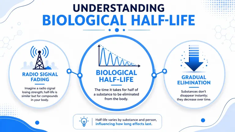 An infographic explaining biological half-life using visual metaphors of radio signal fading and gradual substance elimination.
