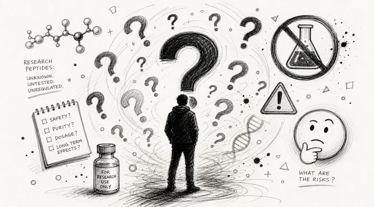 A person standing before many question marks contemplating the safety, purity, and risks of research peptides.