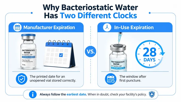 An infographic explaining the difference between manufacturer expiration and in-use expiration for bacteriostatic water vials.