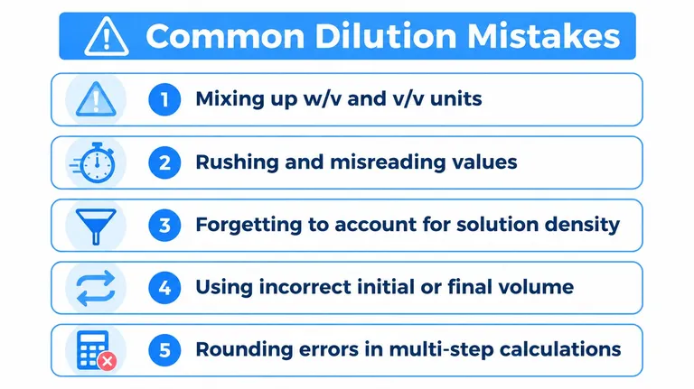 An infographic listing five common mistakes made when performing laboratory solution dilution calculations and procedures.