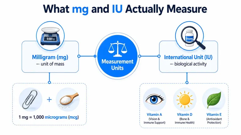 An infographic illustrating the difference between milligrams as a mass unit and international units for biological activity.