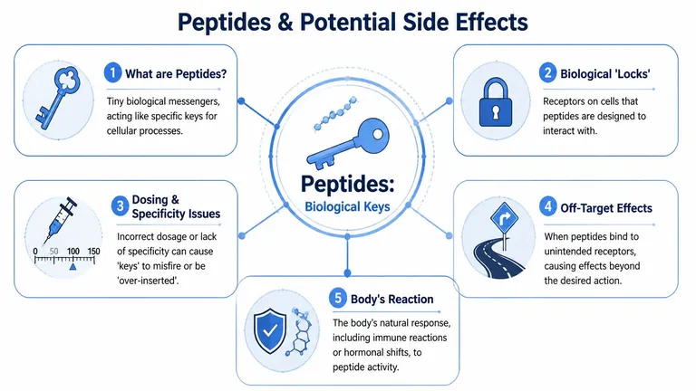An infographic illustrating how peptides act as biological keys and the potential side effects of their use.