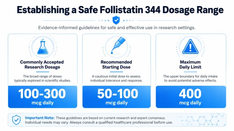 A visual guide outlining safe dosage ranges for Follistatin 344 in research settings, including starting and maximum limits.