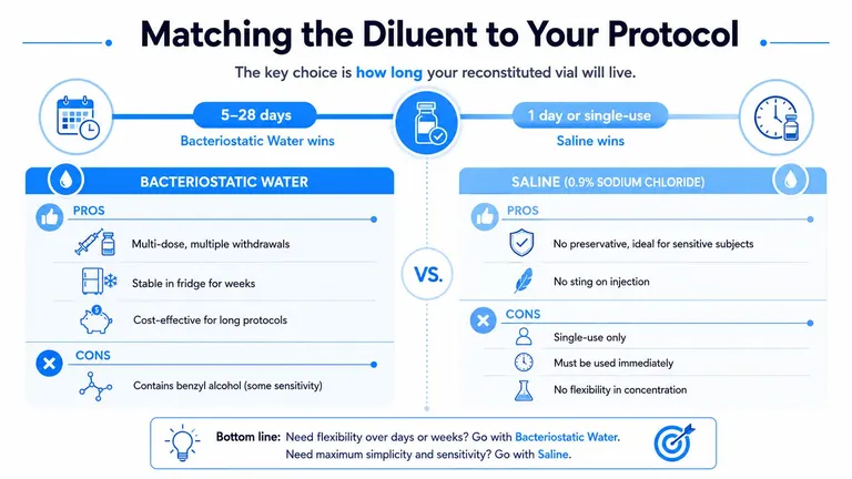 A comparison chart highlighting the differences between bacteriostatic water and saline solution for medication reconstitution protocols.