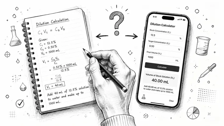 A hand writes dilution calculations in a notebook next to a smartphone running a dilution calculator app.