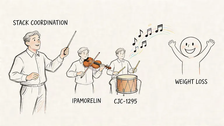 A conductor leading an orchestra representing a peptide stack of Ipamorelin and CJC-1295 for weight loss goals.