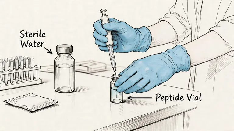 A scientist in blue gloves injecting sterile water into a peptide vial for reconstitution on a lab table.