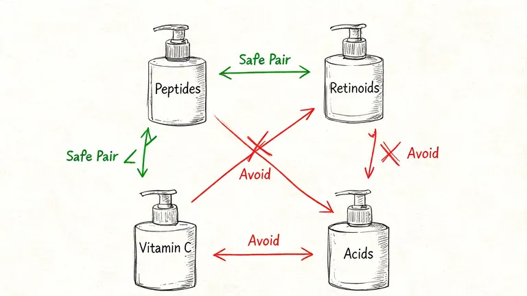 A diagram illustrating which skincare ingredients like peptides, retinoids, vitamin C, and acids can be safely combined.