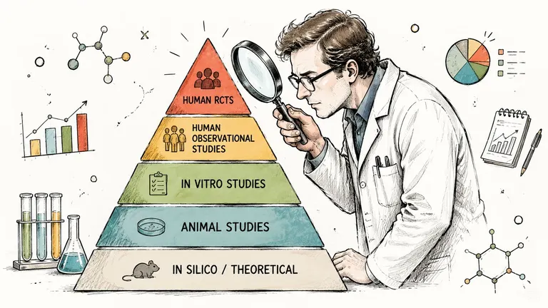 A scientist uses a magnifying glass to examine a pyramid chart showing levels of scientific evidence research.