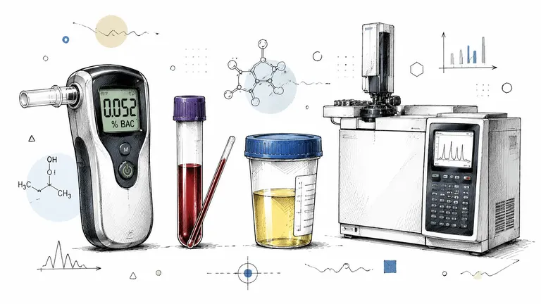 A digital breathalyzer, blood vial, urine specimen cup, and a gas chromatograph used for forensic toxicology analysis.