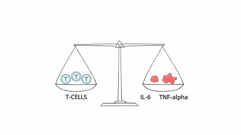 A hand-drawn balance scale depicting the contrast between T-cells and pro-inflammatory markers IL-6 and TNF-alpha.