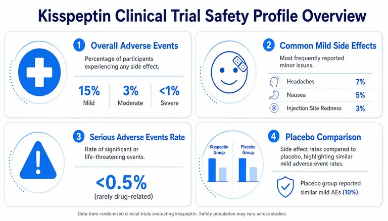 An infographic summarizing the safety profile and adverse events observed in kisspeptin clinical trials.