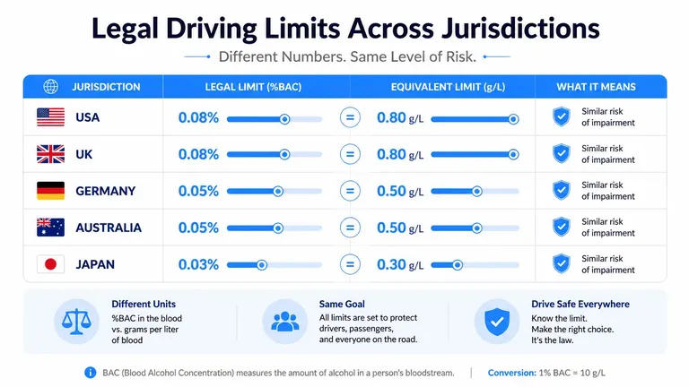 A chart comparing blood alcohol concentration driving limits across the USA, UK, Germany, Australia, and Japan.