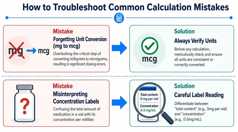 An infographic showing how to troubleshoot common medical calculation mistakes like unit conversion and interpreting labels.