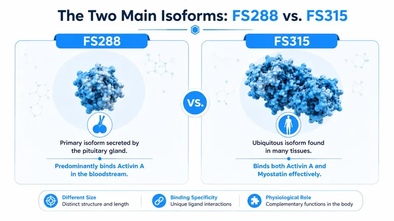 A diagram comparing the structural and functional differences between the FS288 and FS315 follistatin protein isoforms.