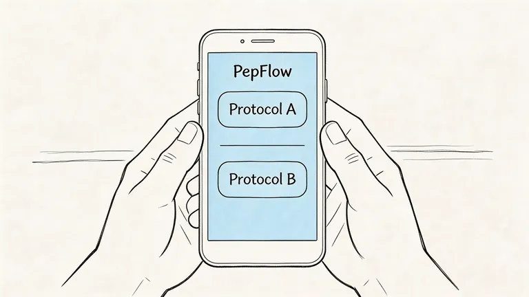 A hand-drawn illustration showing a smartphone screen displaying the PepFlow application interface with Protocol A and Protocol B options.