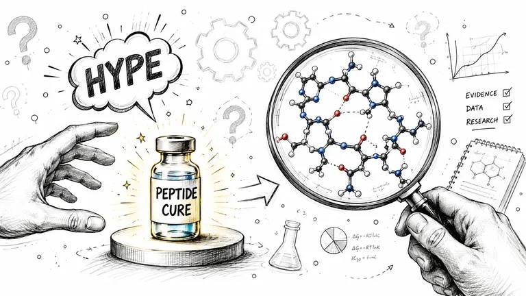 A conceptual sketch illustrating the balance between hype and scientific evidence regarding peptide-based medical treatments.