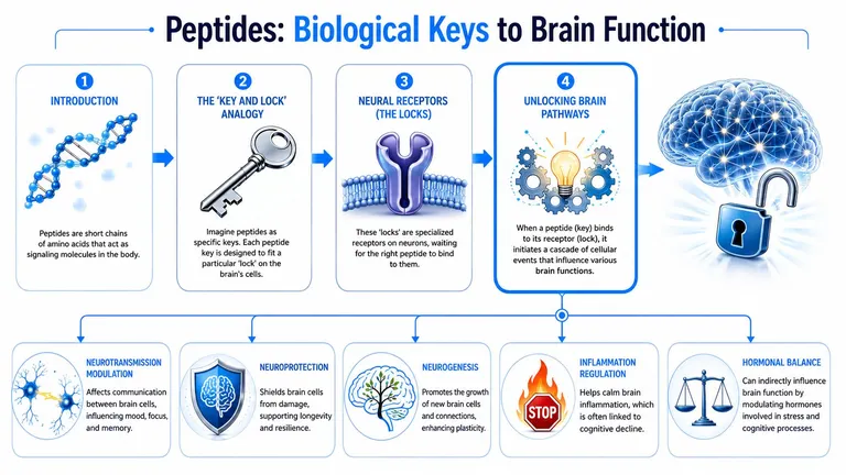 A diagram explaining how peptides act as keys to receptors in the brain to improve health functions.