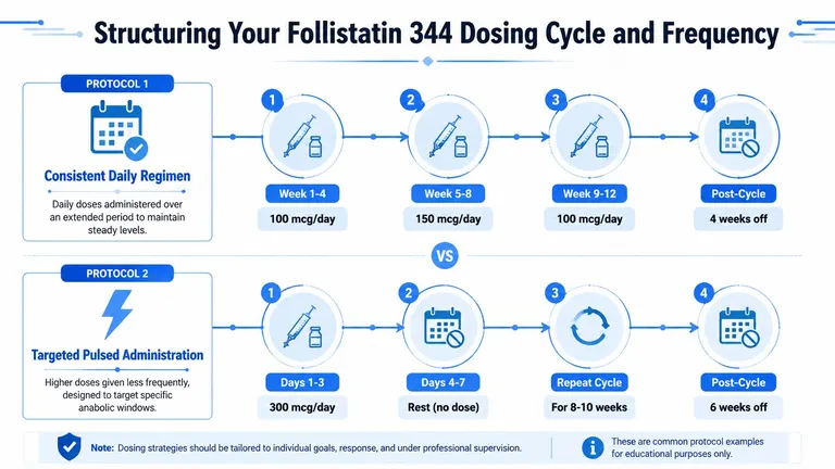 An infographic showing two different Follistatin 344 dosing protocols, including daily regimens and pulsed administration schedules.
