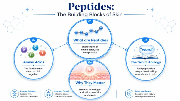 An infographic explaining the role of peptides as essential building blocks for healthy, youthful skin.