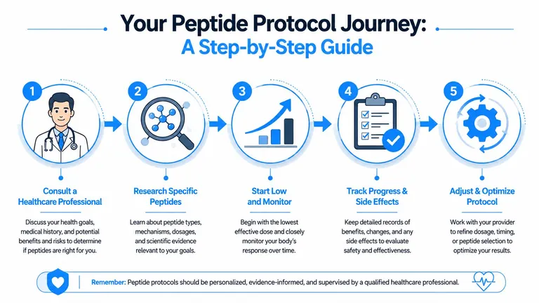 An infographic titled Your Peptide Protocol Journey outlining a five-step guide for safe peptide usage.