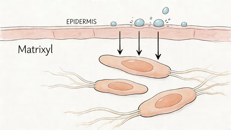 A medical illustration showing Matrixyl peptides penetrating the skin epidermis to stimulate underlying skin cells.