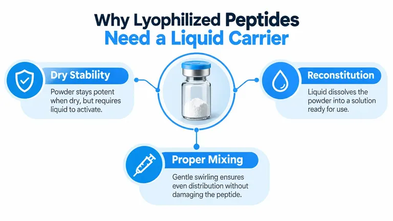 A diagram explaining why lyophilized peptide powders require a liquid carrier for reconstitution and safe use.