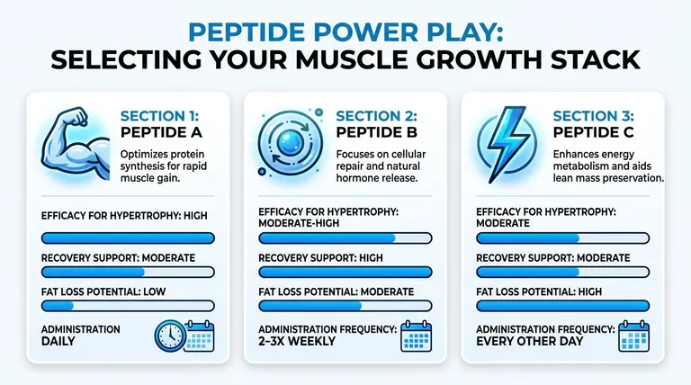A comparison chart outlining different peptides for muscle growth, highlighting their efficacy, recovery support, and frequency.