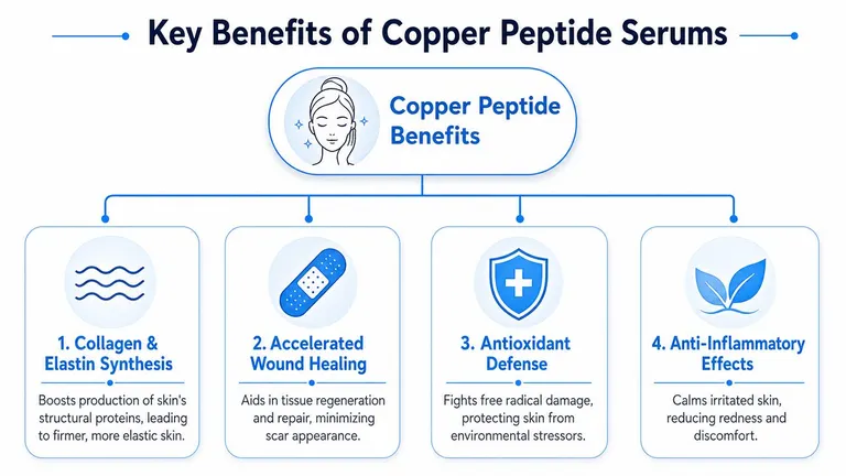 An infographic titled Key Benefits of Copper Peptide Serums highlighting four main skin health advantages.