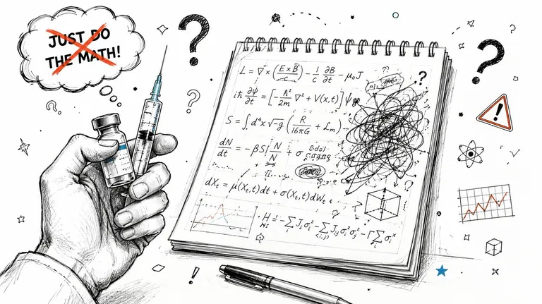 A conceptual sketch showing a hand holding a syringe next to a notebook filled with complex physics and math equations.