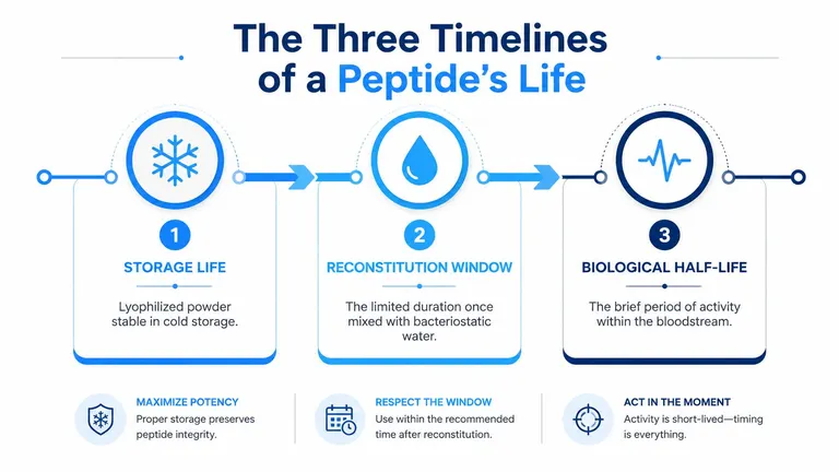 A diagram illustrating the three phases of a peptide's life: storage life, reconstitution window, and biological half-life.