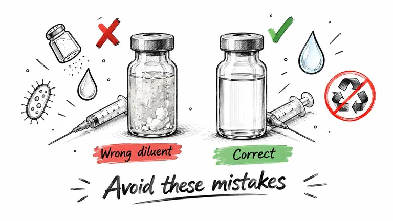 A diagram comparing the correct and incorrect ways to reconstitute medical vials using proper diluents.