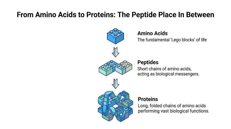 A diagram illustrating how amino acids connect to form peptides and then complex folded protein structures.