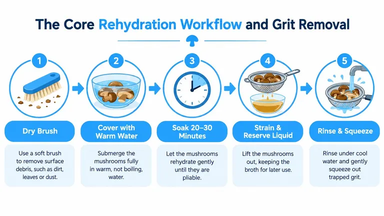 An infographic showing a five-step process for cleaning and rehydrating dried mushrooms for culinary use.