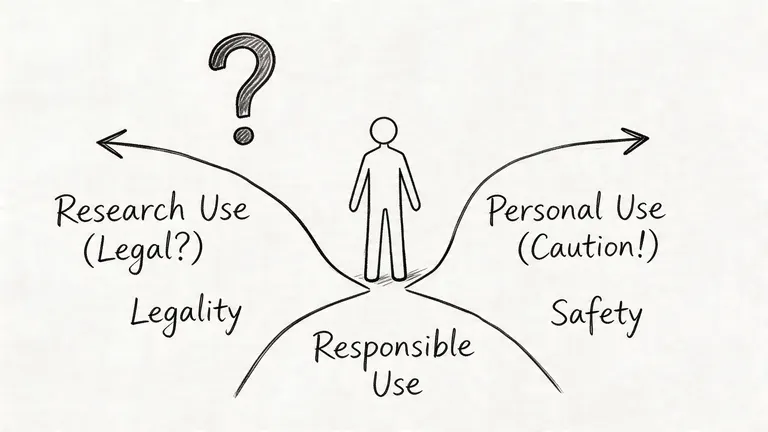 A hand-drawn illustration showing a person deciding between research use and personal use of substances.