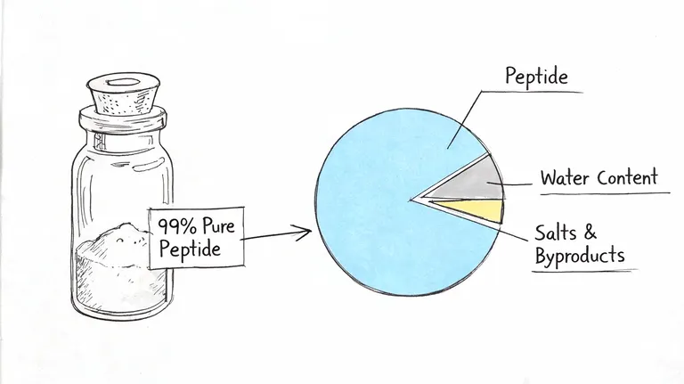 A diagram showing a bottle containing ninety-nine percent pure peptide and a pie chart breakdown of components.