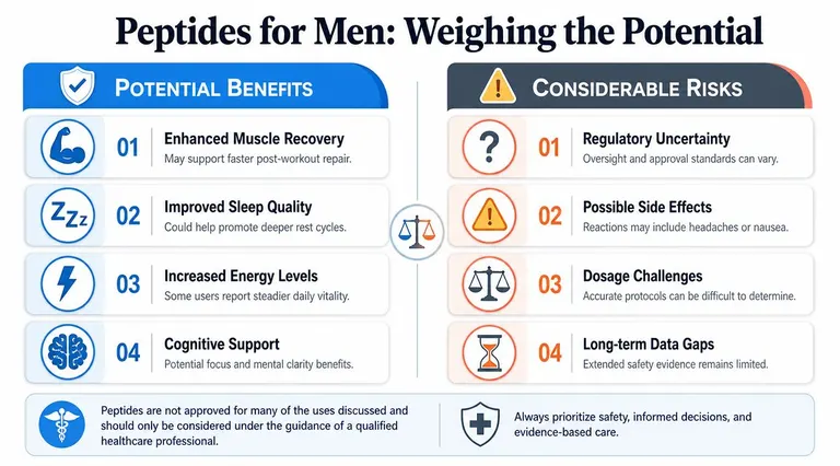 An infographic titled Peptides for Men listing potential health benefits alongside considerable risks and safety warnings.