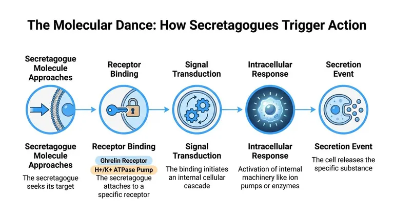 A diagram illustrating the five stages of how a secretagogue molecule triggers a biological secretion event.