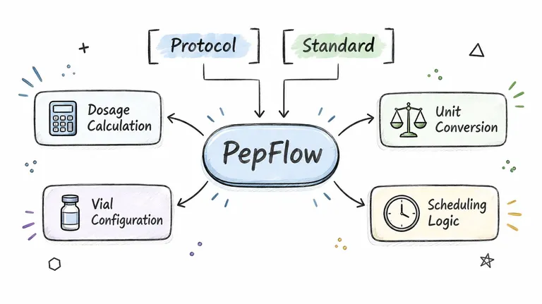 A diagram illustrating the PepFlow system with key components including dosage calculation, unit conversion, vial configuration, and scheduling.