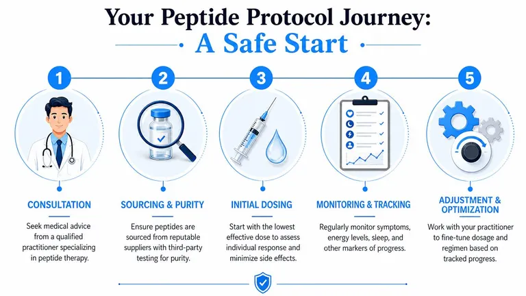 A five-step infographic guide titled Your Peptide Protocol Journey outlining safe start procedures for peptide therapy users.