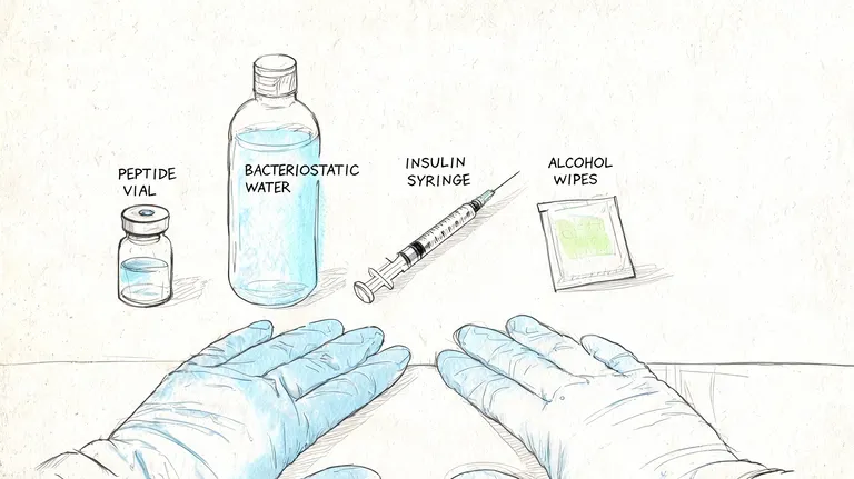 Medical supplies including a peptide vial, bacteriostatic water, insulin syringe, and alcohol wipes for mixing peptides.