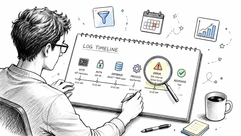 A person writing in a log timeline notebook showing a technical server error debugging process.