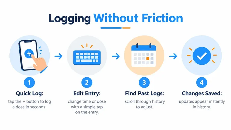 A four-step infographic showing how to quickly log, edit, find, and save medication entries in an app.