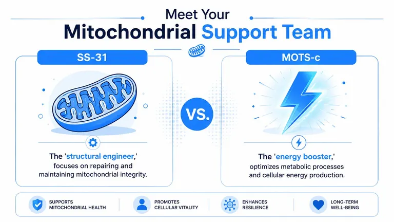 An infographic comparing the benefits of the peptides SS-31 and MOTS-c for supporting mitochondrial health and vitality.
