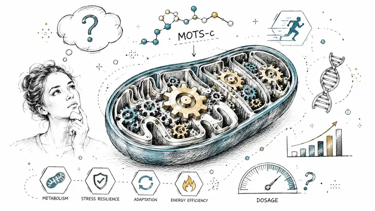 A hand-drawn illustration depicting a mitochondrion with internal gears and icons representing metabolism, resilience, and energy.