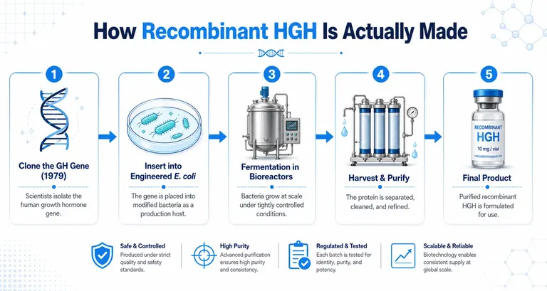 A five-step infographic illustrating the biotechnology process of manufacturing recombinant human growth hormone using engineered bacteria.