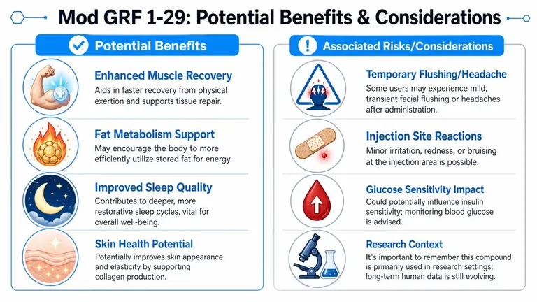 An infographic titled Mod GRF 1-29 outlining its potential benefits like muscle recovery, fat metabolism, and sleep improvement.